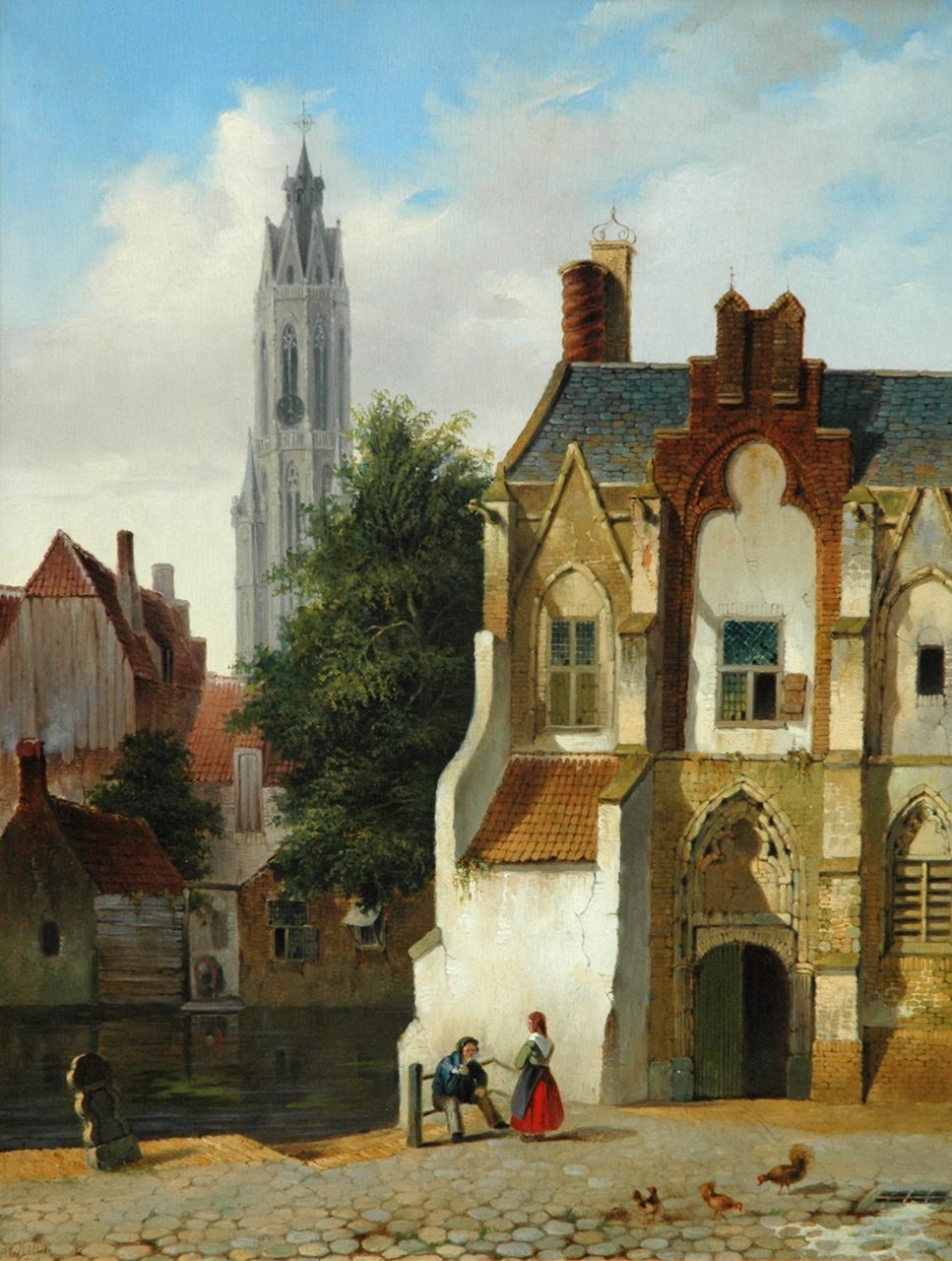 Vertin P.G.  | Petrus Gerardus Vertin, A  view of Delft with figures in summer, oil on panel 51.1 x 39.7 cm, signed l.l. and painted 1838