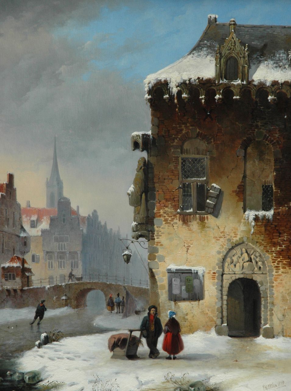 Vertin P.G.  | Petrus Gerardus Vertin, A town in winter with strollers and skaters, oil on panel 51.2 x 38.9 cm, signed l.r. and painted 1838