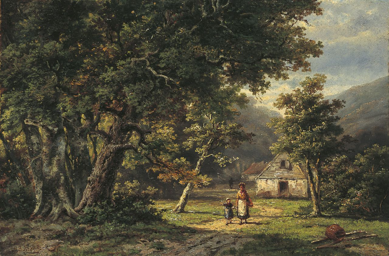 Koekkoek B.H.  | Barend Hendrik 'H.B.' Koekkoek, Mother and child on a path in a wooded valley, oil on canvas 31.0 x 46.5 cm, signed l.l.