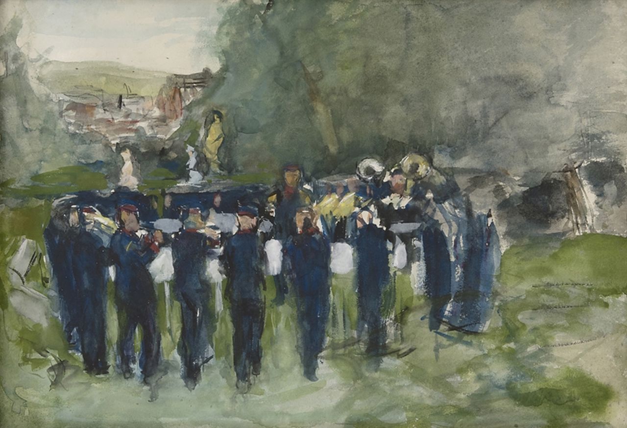 Rappard A.G.A. van | 'Anthon' Gerhard Alexander van Rappard | Watercolours and drawings offered for sale | Orchestra in Neuenahr, Germany, chalk, watercolour and gouache on paper 35.7 x 51.0 cm