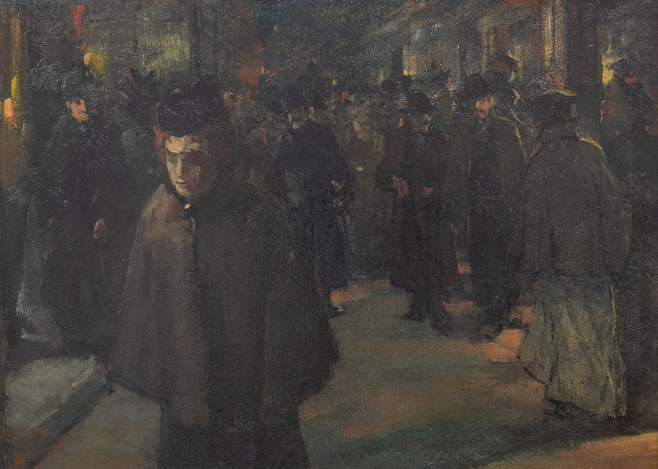 Arntzenius P.F.N.J.  | Pieter Florentius Nicolaas Jacobus 'Floris' Arntzenius | Paintings offered for sale | Crowded shopping street by night, oil on canvas 36.8 x 51.0 cm, gesigneerd linksonder (resten)