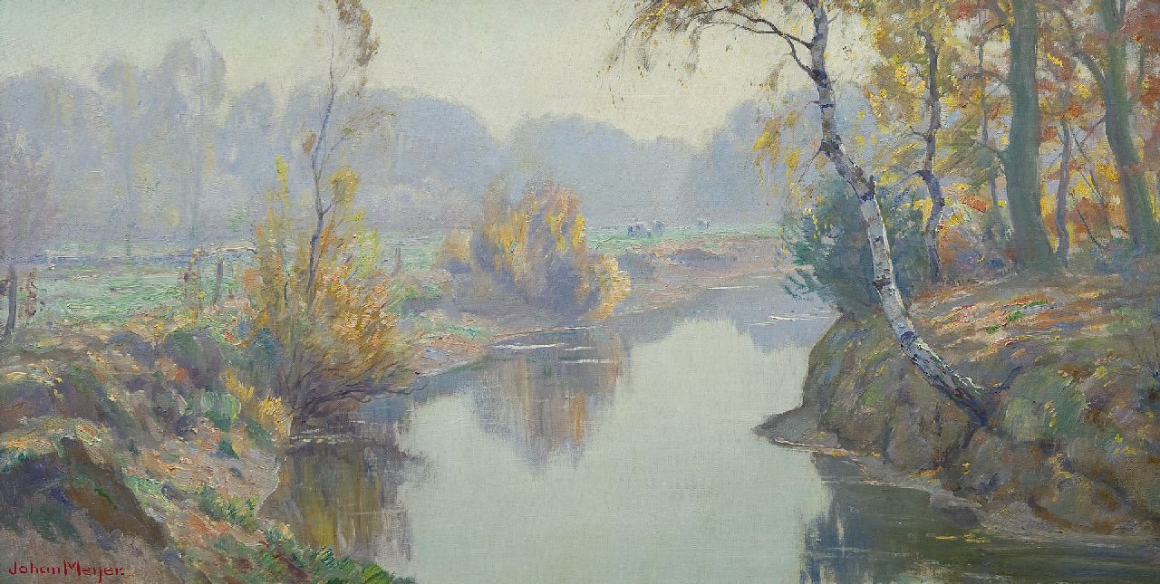 Meijer J.  | Johannes 'Johan' Meijer, Autumn morning, oil on canvas 44.0 x 84.1 cm, signed l.l.