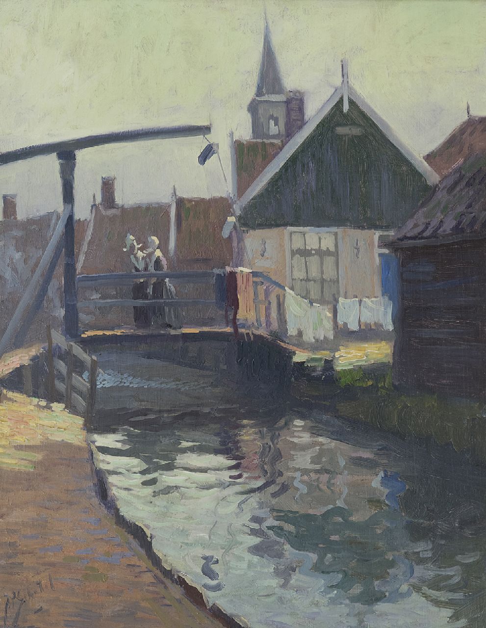 Schotel A.P.  | Anthonie Pieter Schotel, A view of the Yellow Bridge, Volendam, oil on panel 41.0 x 32.7 cm, signed l.l.