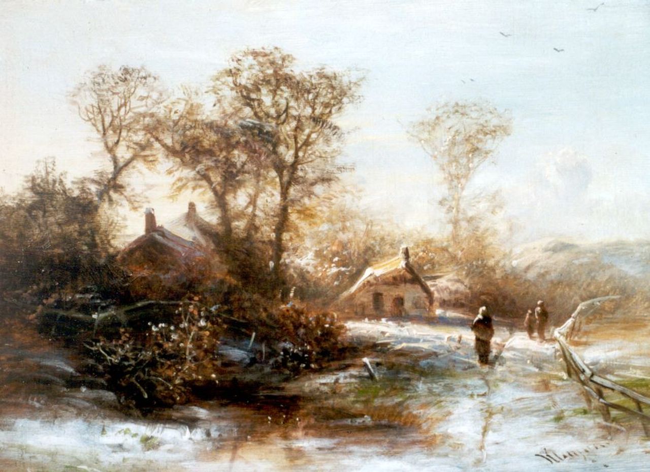 Kluyver P.L.F.  | 'Pieter' Lodewijk Francisco Kluyver, Peasants in a wooded landscape, in winter, oil on panel 19.5 x 26.0 cm, signed l.r.