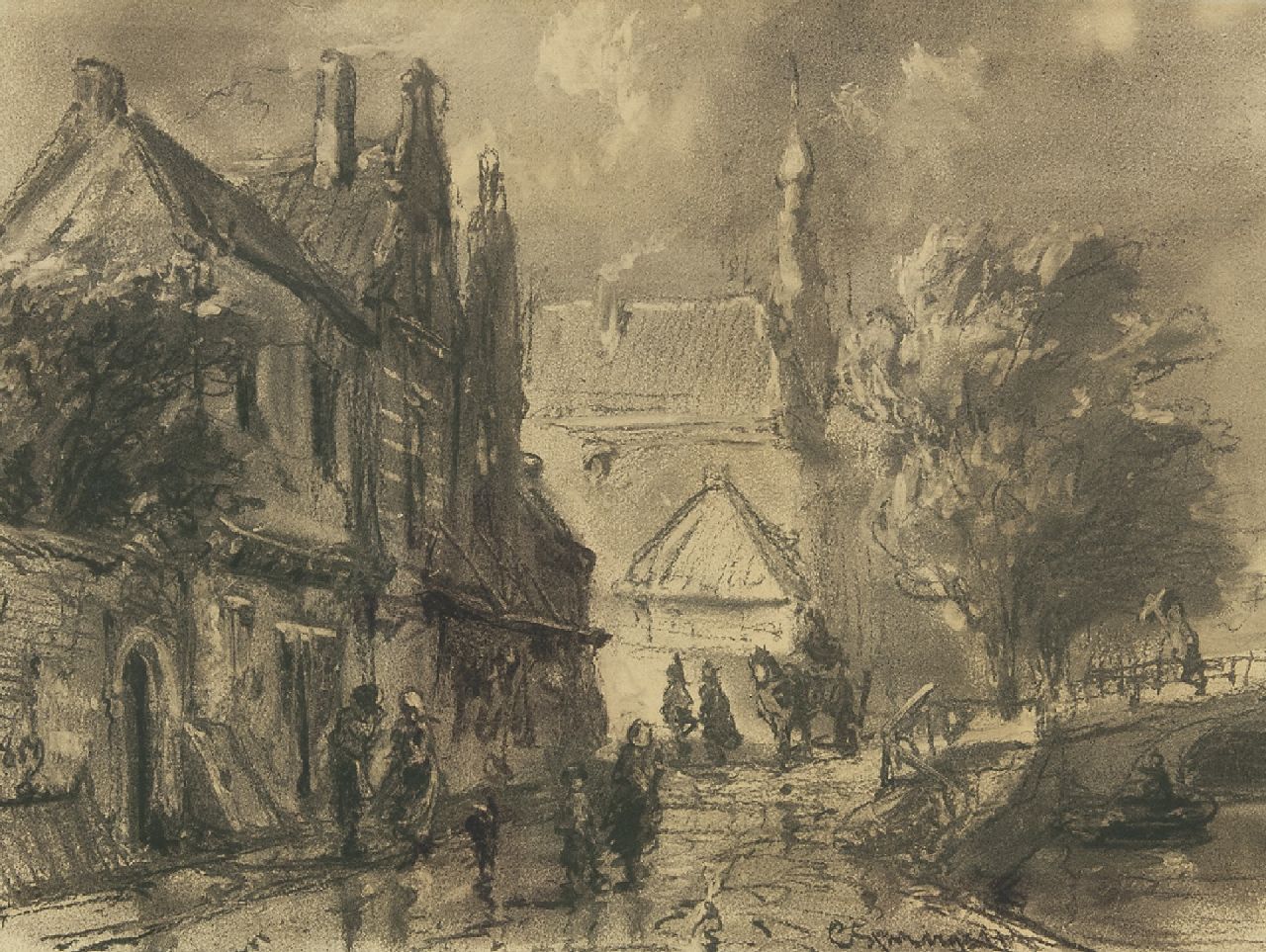 Springer C.  | Cornelis Springer, A view of the Raamgracht in Haarlem, charcoal on paper 31.0 x 40.1 cm, signed l.r. and painted 1859