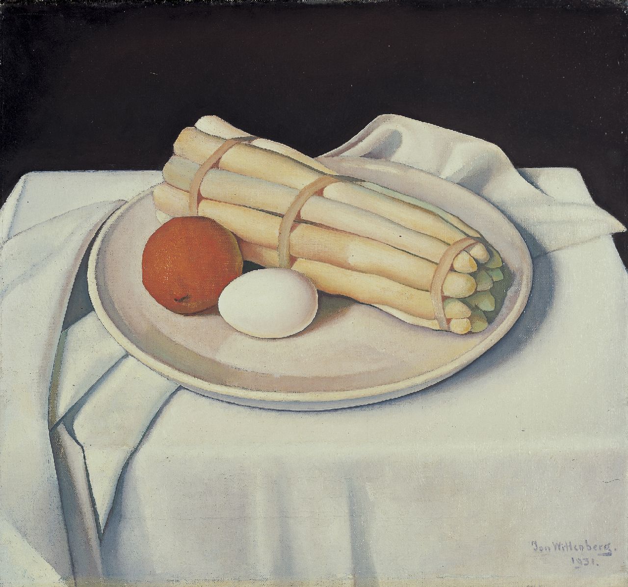 Wittenberg J.H.W.  | 'Jan' Hendrik Willem Wittenberg, Still life of asparagus, an orange and an egg, oil on canvas 36.5 x 39.0 cm, signed l.r. and dated 1931