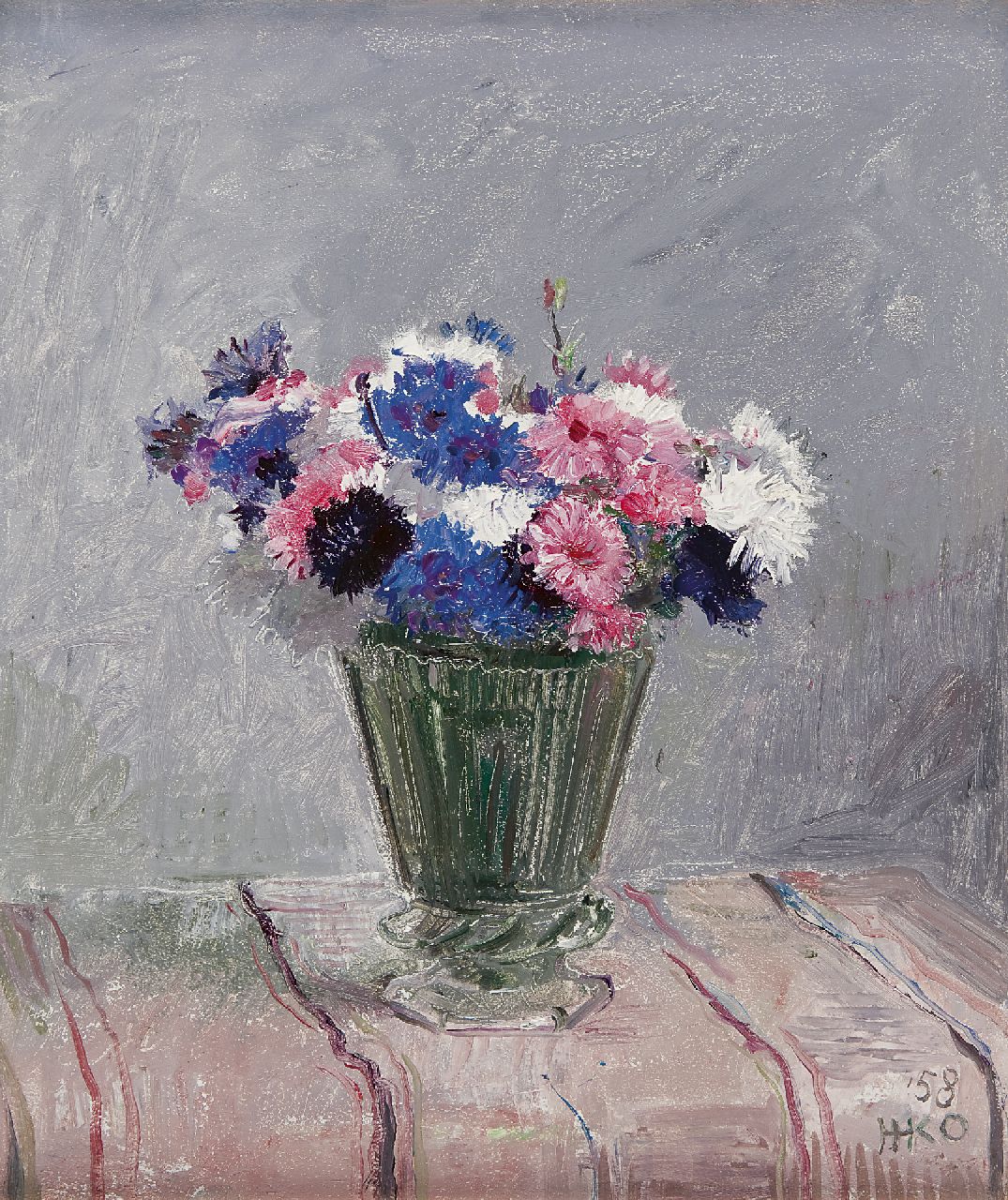 Kamerlingh Onnes H.H.  | 'Harm' Henrick Kamerlingh Onnes, Flowers in a glass vase, oil on painter's board 35.7 x 30.1 cm, signed l.r. with monogram and dated '58