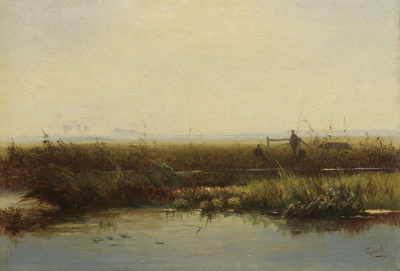 Gabriel P.J.C.  | Paul Joseph Constantin 'Constan(t)' Gabriel, Anglers in a polder landscape, oil on panel 21.5 x 31.3 cm, signed l.r.