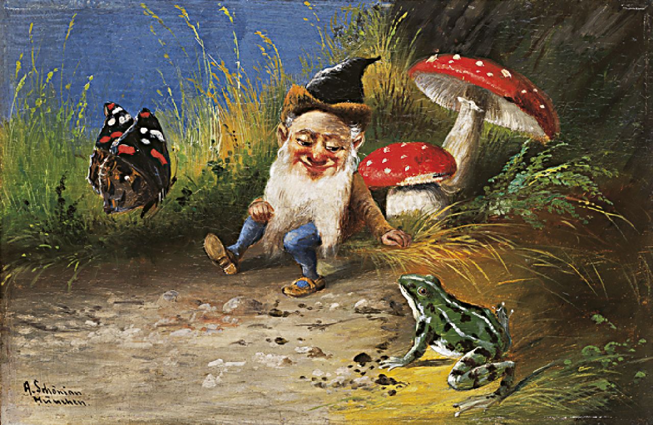 Schönian A.  | Alfred Schönian, A gnome and a frog, oil on panel 15.7 x 23.9 cm, signed l.l.