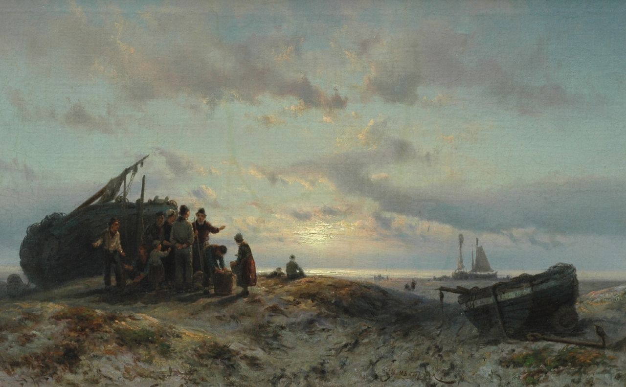 Koekkoek J.H.B.  | Johannes Hermanus Barend 'Jan H.B.' Koekkoek, Fishermen on the dunes at sunset, oil on canvas 42.6 x 67.0 cm, signed c.r.