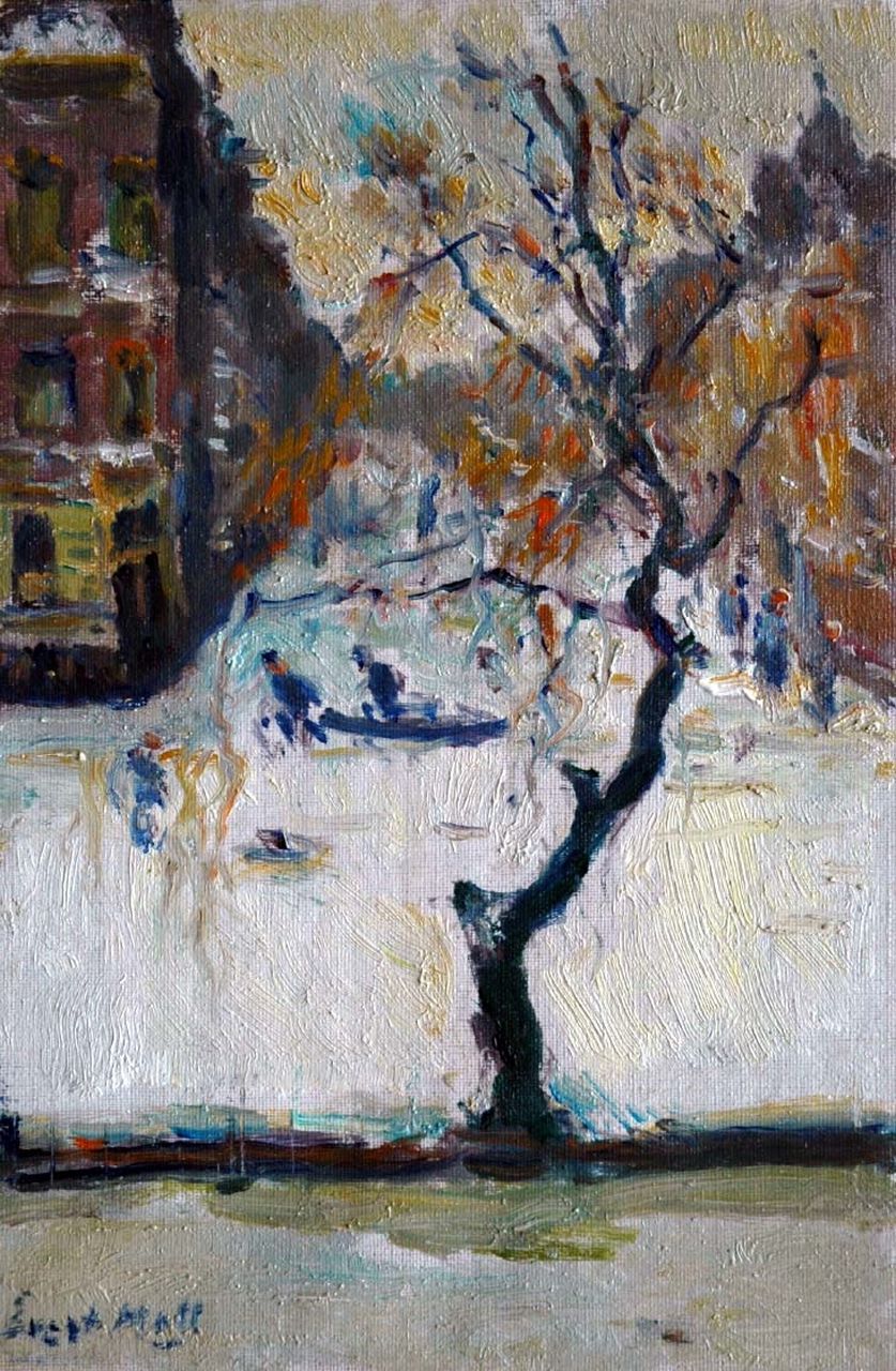 Moll E.  | Evert Moll, A canal in winter, oil on canvas 29.9 x 20.3 cm, signed l.l. and on the stretcher and dated 'January 1945' on the stretcher