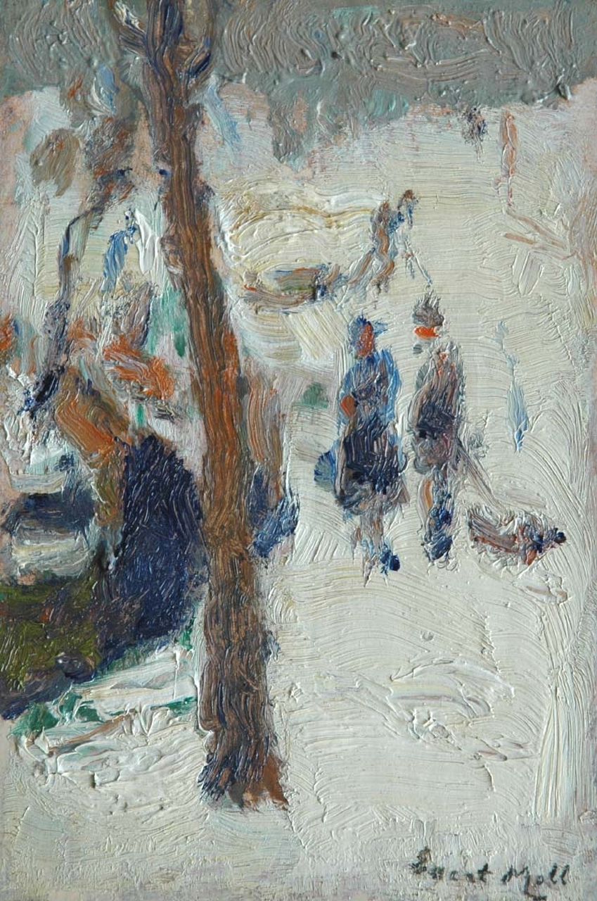 Moll E.  | Evert Moll, Strollers in a park in winter, oil on panel 18.2 x 12.1 cm, signed l.r.