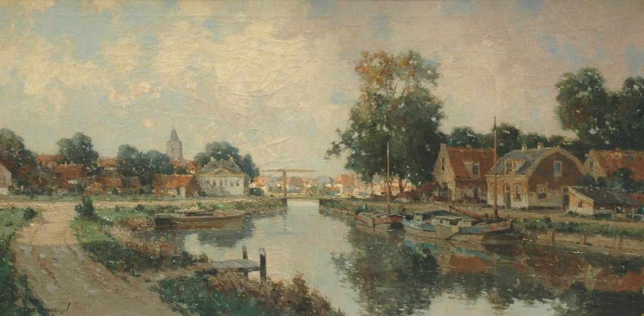 Delfgaauw G.J.  | Gerardus Johannes 'Gerard' Delfgaauw, Houses along a waterway, oil on canvas 60.1 x 120.0 cm, signed l.l.