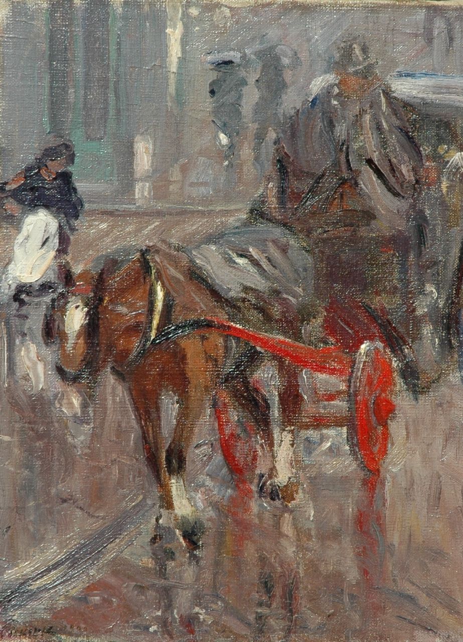 Niekerk M.J.  | 'Maurits' Joseph Niekerk, Carriage in the rain, oil on canvas 49.8 x 37.5 cm, signed l.l. and dated 1900