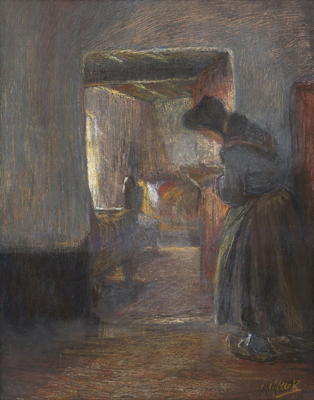 Niekerk M.J.  | 'Maurits' Joseph Niekerk, Taking good care, pastel and oil on canvas 55.4 x 43.3 cm, signed l.r.