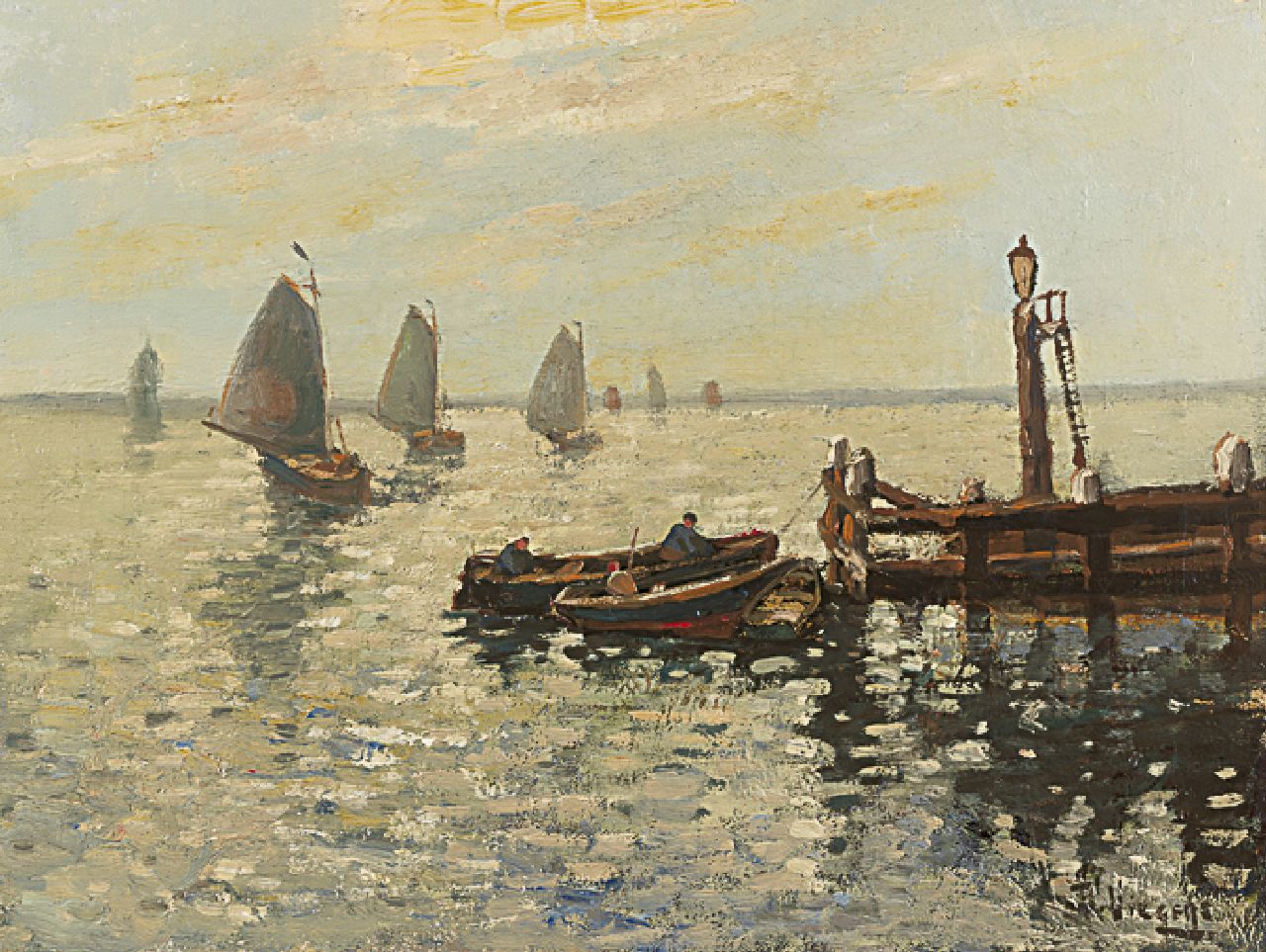 Viegers B.P.  | Bernardus Petrus 'Ben' Viegers, Departing flatboats, Volendam, oil on canvas 30.3 x 40.0 cm, signed l.r.