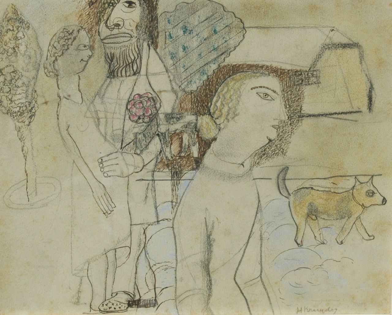 Kruyder H.J.  | 'Herman' Justus Kruyder, The protector of the unwanted pregnant woman, pencil, pen, ink and pastel on paper 17.2 x 21.3 cm, signed l.r. and painted ca. 1922-1926