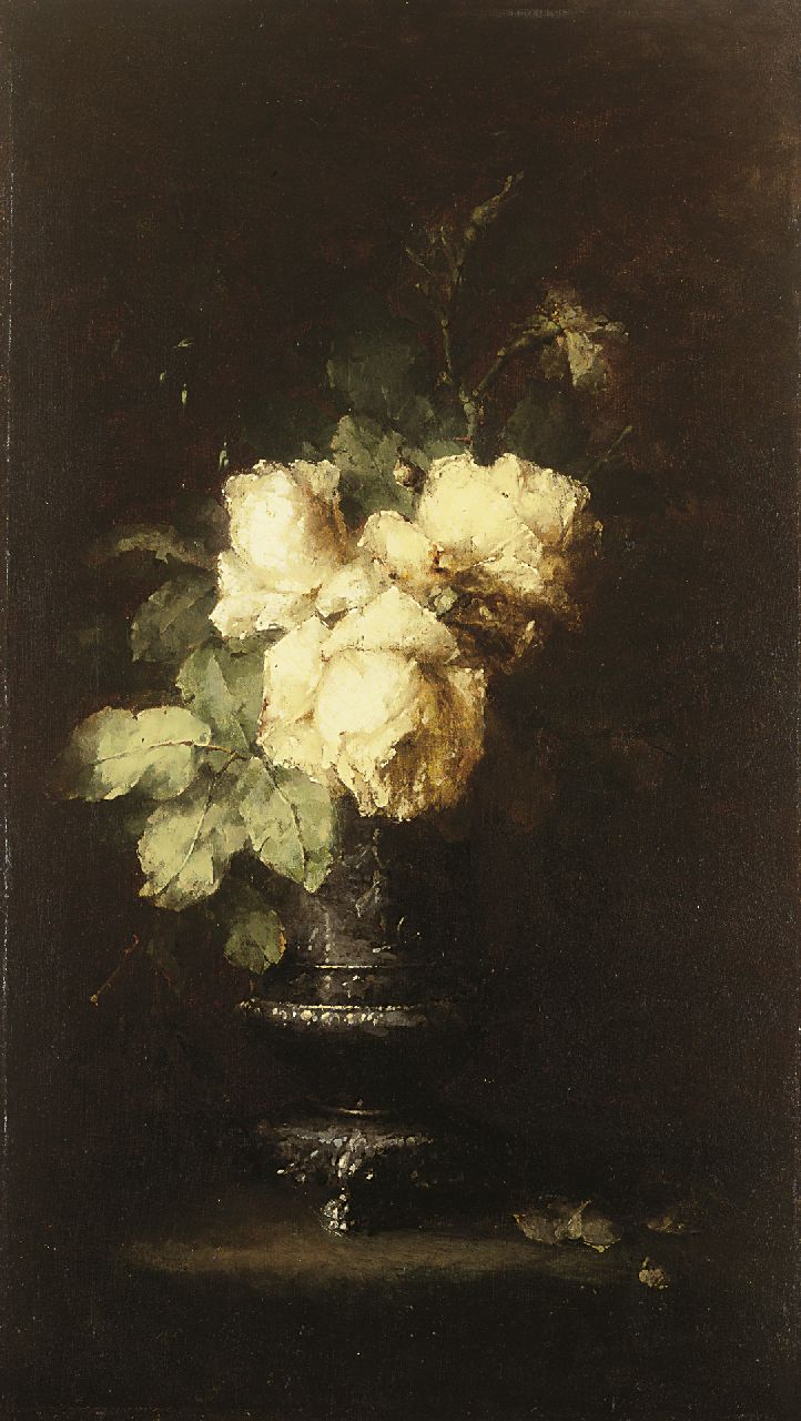 Roosenboom M.C.J.W.H.  | 'Margaretha' Cornelia Johanna Wilhelmina Henriëtta Roosenboom, White roses, oil on canvas 70.0 x 40.0 cm, signed l.r.