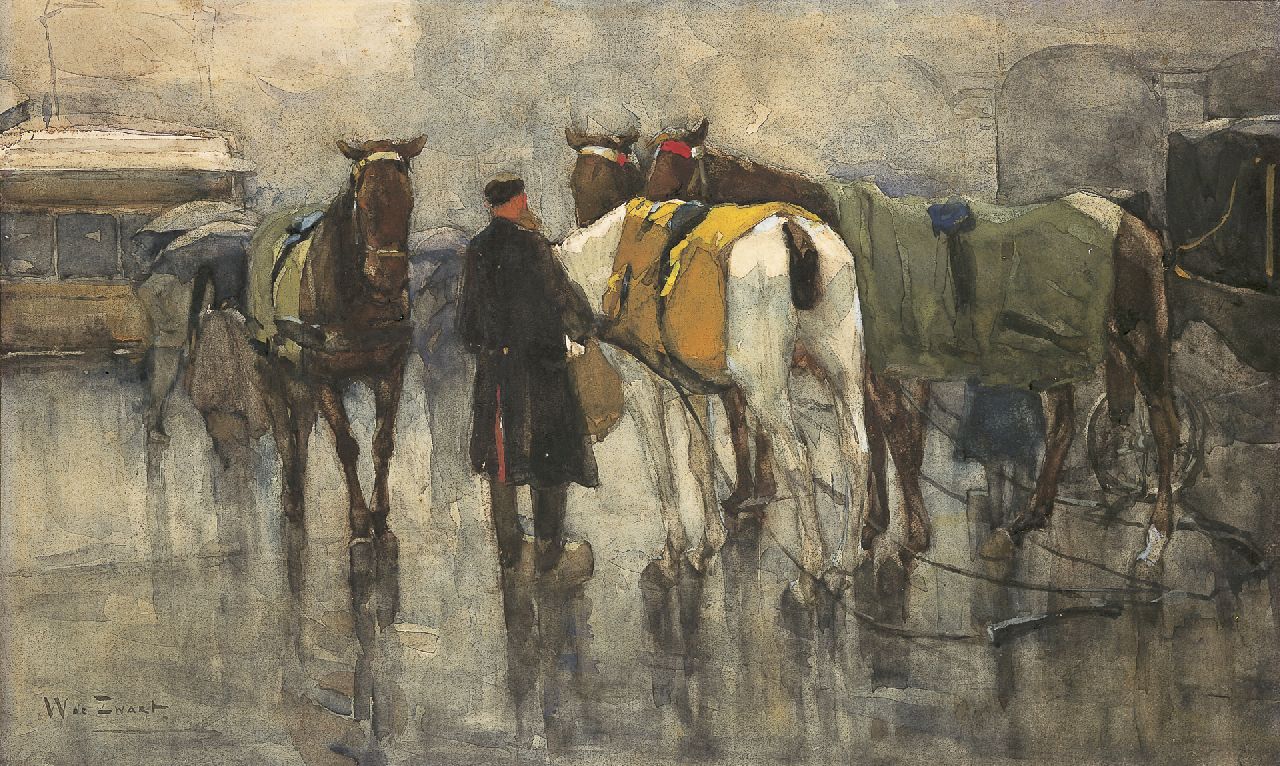 Zwart W.H.P.J. de | Wilhelmus Hendrikus Petrus Johannes 'Willem' de Zwart, Harnessing the horses, watercolour on paper 30.0 x 60.0 cm, signed l.l.