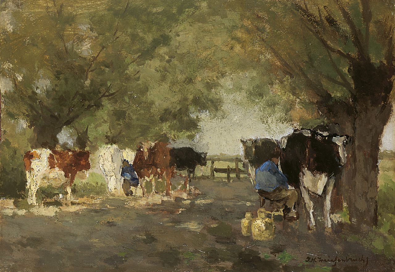 Weissenbruch H.J.  | Hendrik Johannes 'J.H.' Weissenbruch, Milking the cows, oil on canvas laid down on panel 20.8 x 29.7 cm, signed l.r.