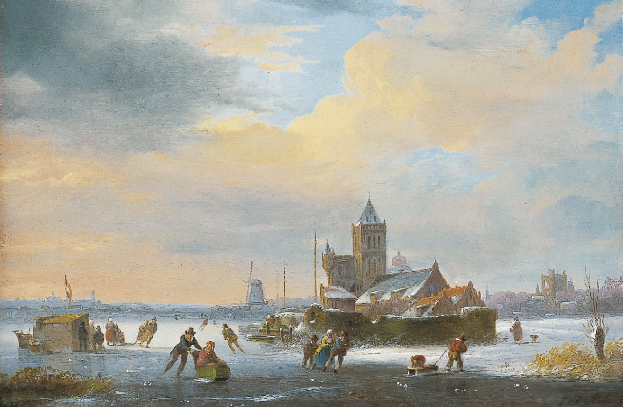 Stok J. van der | Jacobus van der Stok, A frozen river with skaters and a 'koek-en-zopie', oil on panel 20.5 x 30.5 cm, signed l.r.