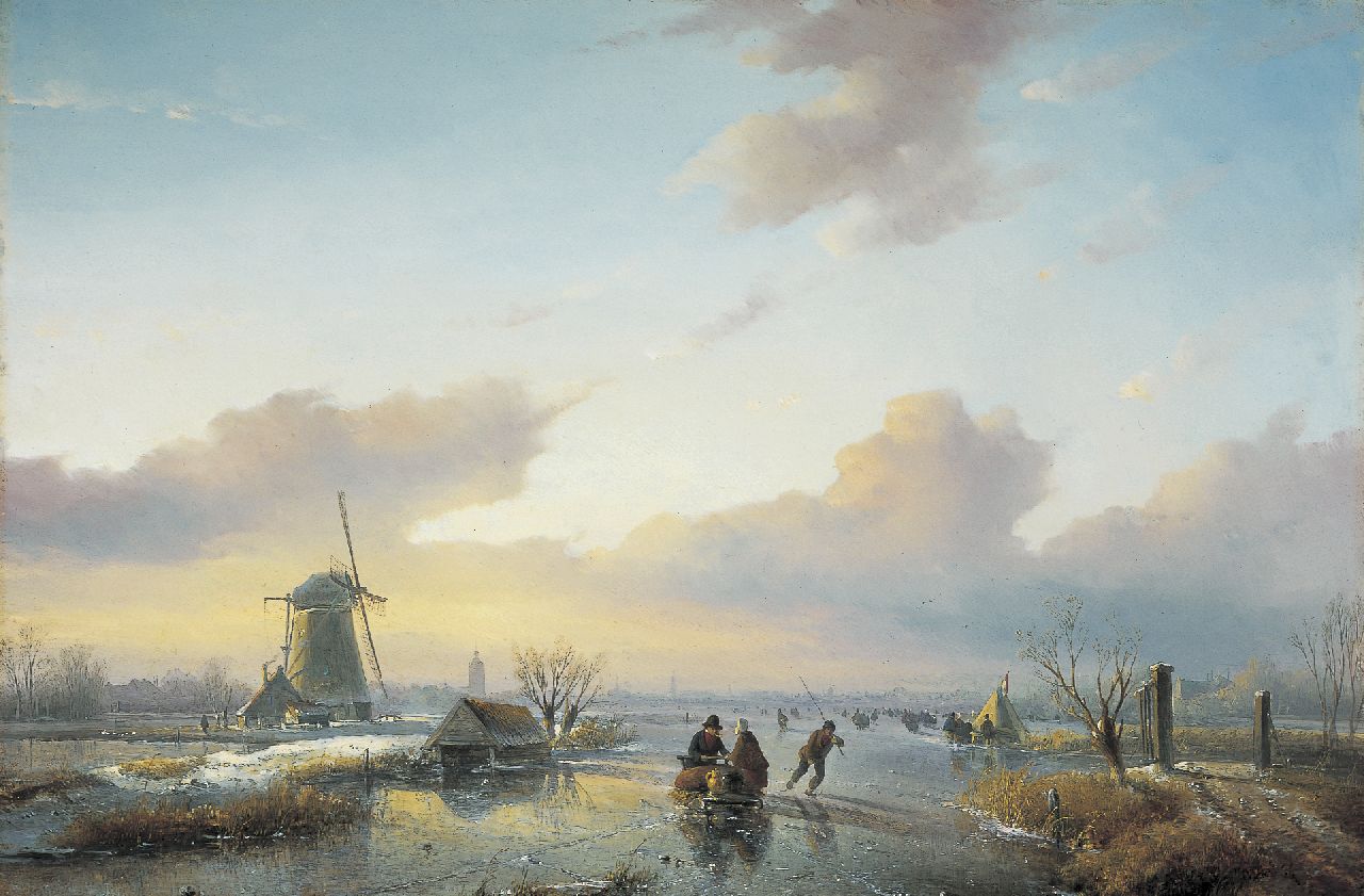 Spohler J.J.  | Jan Jacob Spohler, Skaters on a Dutch waterway, oil on panel 42.5 x 62.8 cm