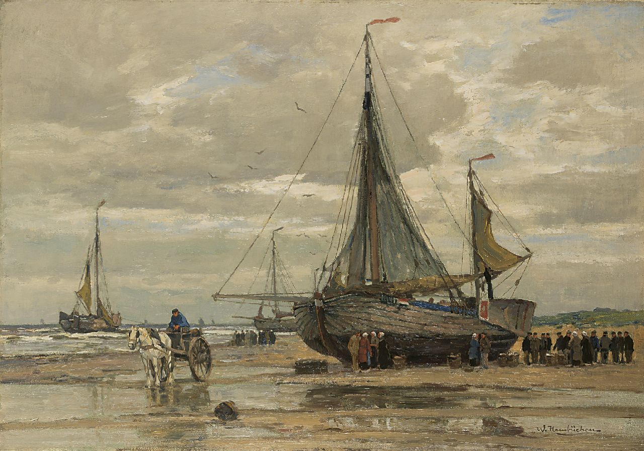 Hambüchen W.  | Wilhelm Hambüchen, Fisherfolk on the beach of Katwijk, oil on canvas 82.0 x 117.4 cm, signed l.r.