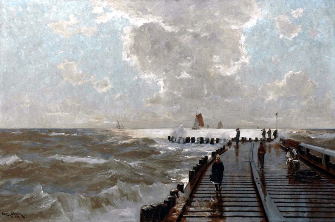 Günther E.C.W.  | 'Erwin' Carl Wilhelm Günther, Figures on a pier in a storm, oil on canvas 80.0 x 120.8 cm, signed l.l.