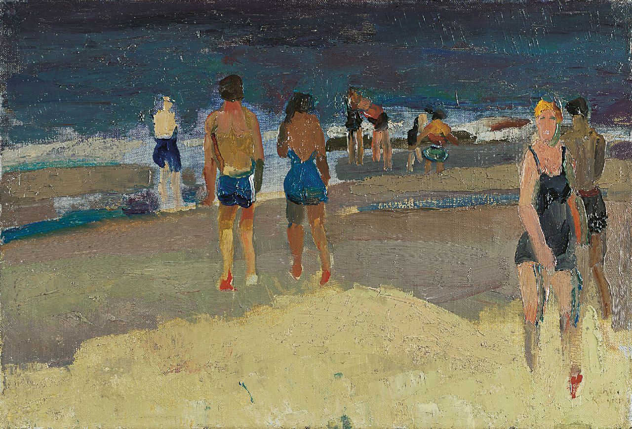Kuijten H.J.  | Henricus Johannes 'Harrie' Kuijten, At the beach, oil on canvas 28.2 x 41.3 cm, signed l.r.
