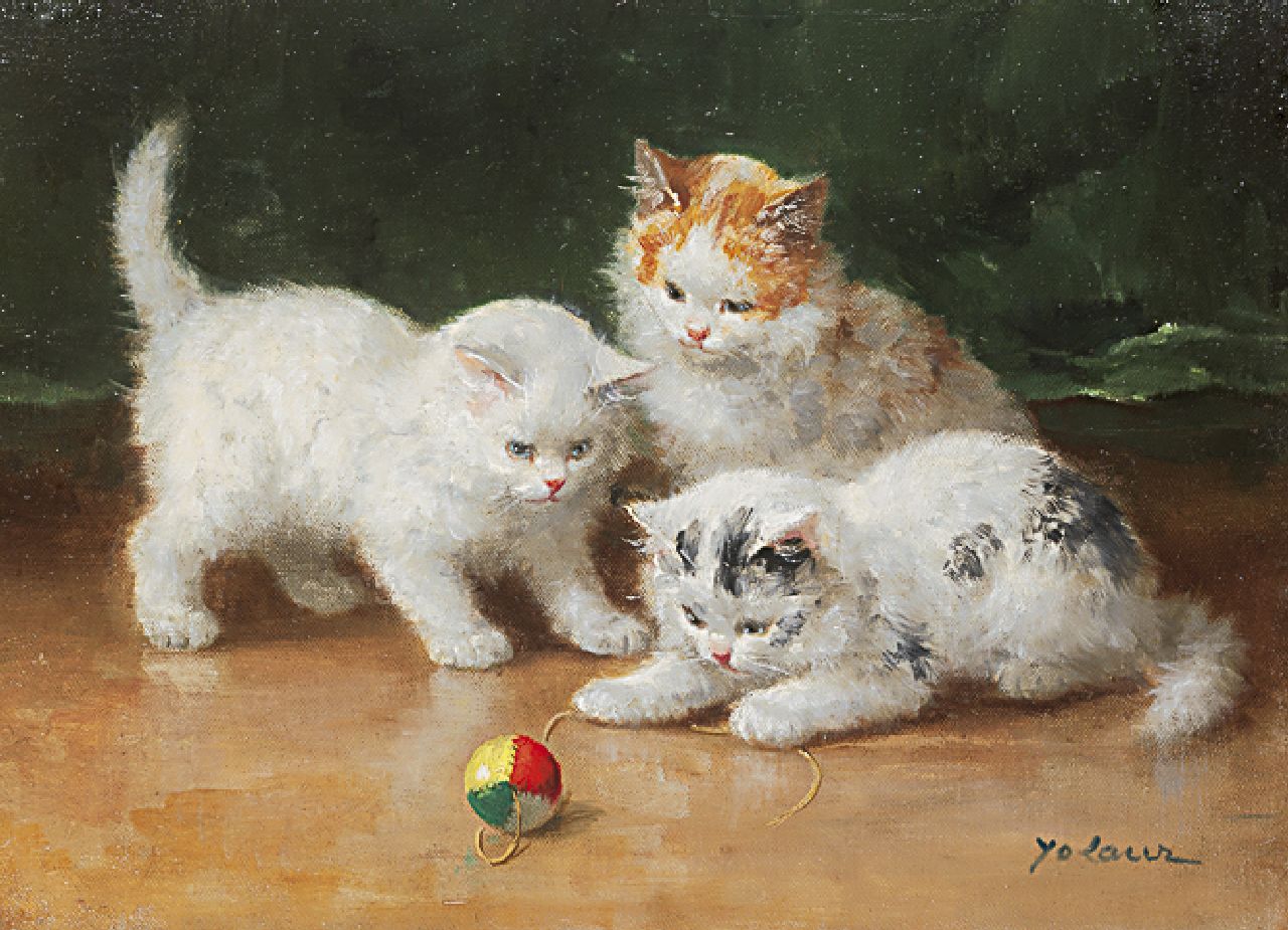 Laur M.-Y.  | Marie-Yvonne 'Yo' Laur, Three kittens playing, oil on canvas 24.2 x 33.2 cm, signed l.r.