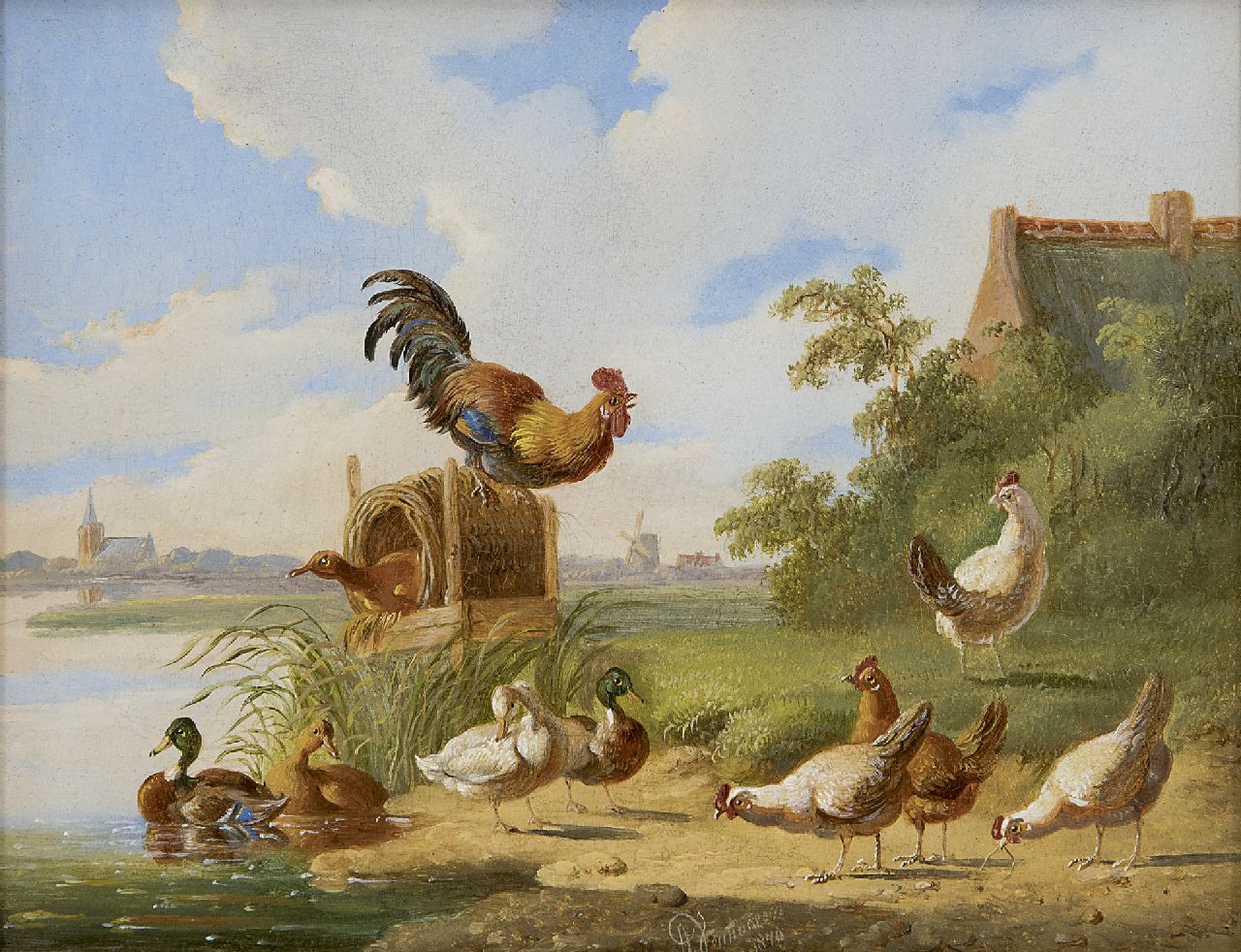 Verhoesen A.  | Albertus Verhoesen, A cock, chicken and ducks on a riverbank, oil on panel 14.7 x 18.7 cm, signed l.c. and dated 1870