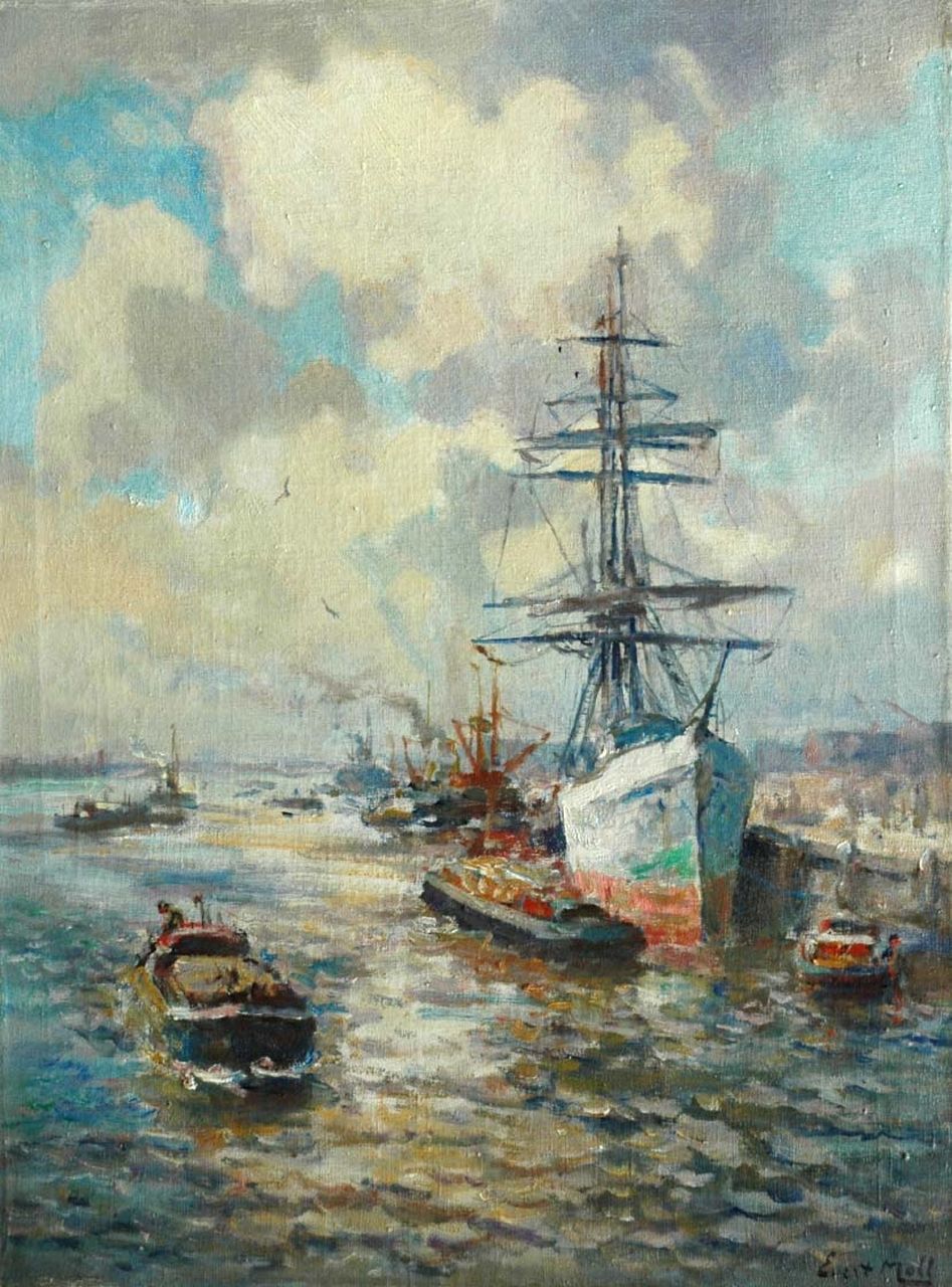 Moll E.  | Evert Moll, A three master in the Rotterdam harbour, oil on canvas 81.3 x 60.9 cm, signed l.r.
