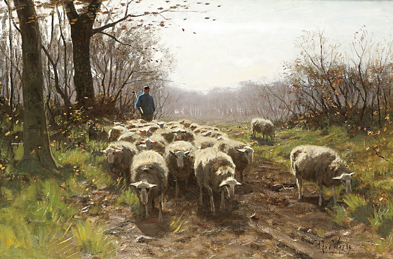 Weele H.J. van der | 'Herman' Johannes van der Weele, A shepherd and flock, oil on canvas 58.7 x 86.6 cm, signed l.r.