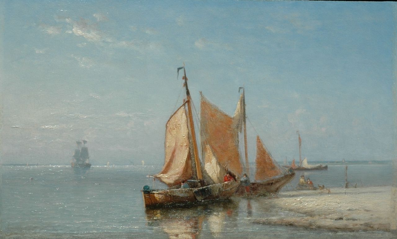 Schütz J.F.  | Jan Frederik Schütz, Drying the sails, oil on panel 31.4 x 52.2 cm