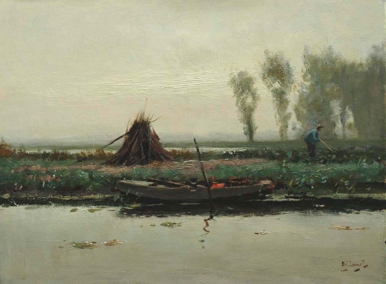 Zwart A.J.  | Adrianus Johannes 'Arie' Zwart, A farmer in a polder landscape, oil on canvas 30.0 x 40.0 cm, signed l.r.