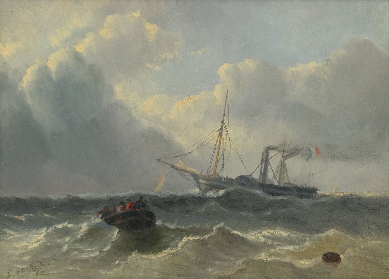 Meijer J.H.L.  | Johan Hendrik 'Louis' Meijer | Paintings offered for sale | A steamer and French paddle steamer at sea, oil on panel 24.5 x 33.5 cm, signed l.l.