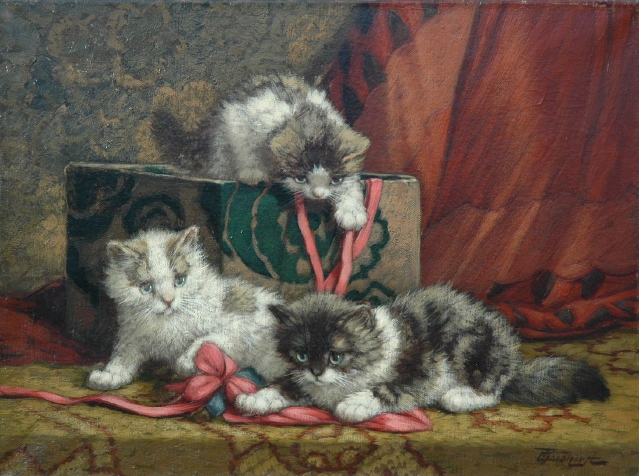 Raaphorst C.  | Cornelis Raaphorst, Three playing kittens and a box of ribbons, oil on canvas 29.8 x 40.0 cm, signed l.r.