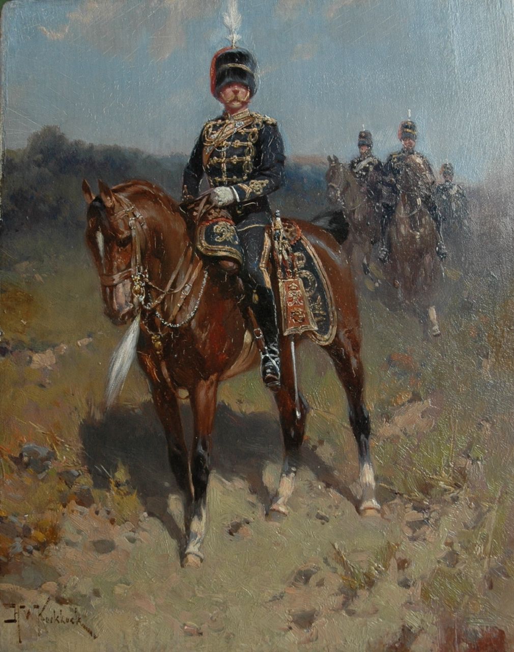Koekkoek H.W.  | Hermanus Willem Koekkoek, Red Hussars on horseback, oil on panel 27.1 x 21.3 cm, signed l.l.