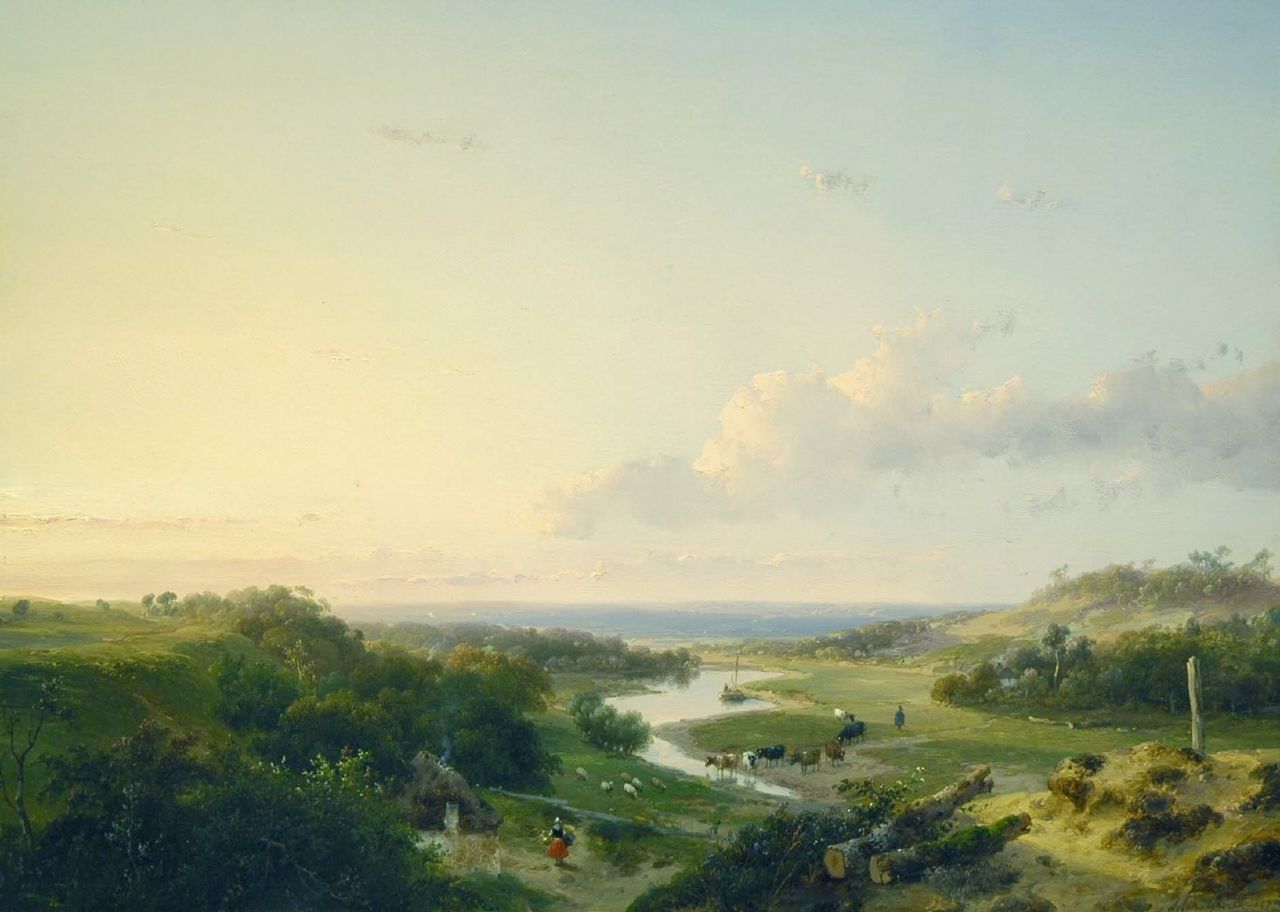 Schelfhout A.  | Andreas Schelfhout, An extensive river landscape, oil on panel 35.8 x 48.8 cm, signed l.r. and dated 1847