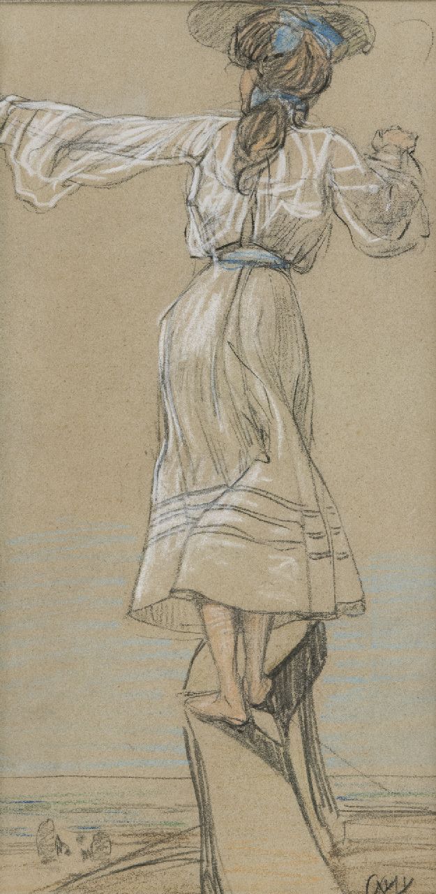 Vaarzon Morel W.F.A.I.  | Wilhelm Ferdinand Abraham Isaac 'Willem' Vaarzon Morel, A young girl overlooking the sea, pastel on paper 31.6 x 18.2 cm, signed l.r. with monogram