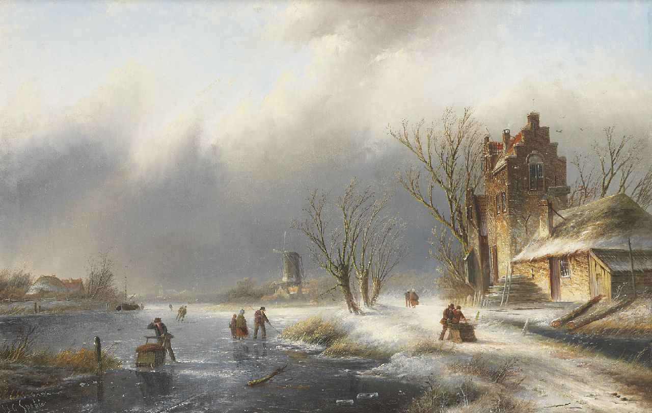 Spohler J.J.C.  | Jacob Jan Coenraad Spohler, A winter landscape with figures on and along a frozen river, oil on canvas 43.6 x 66.8 cm, signed l.l.