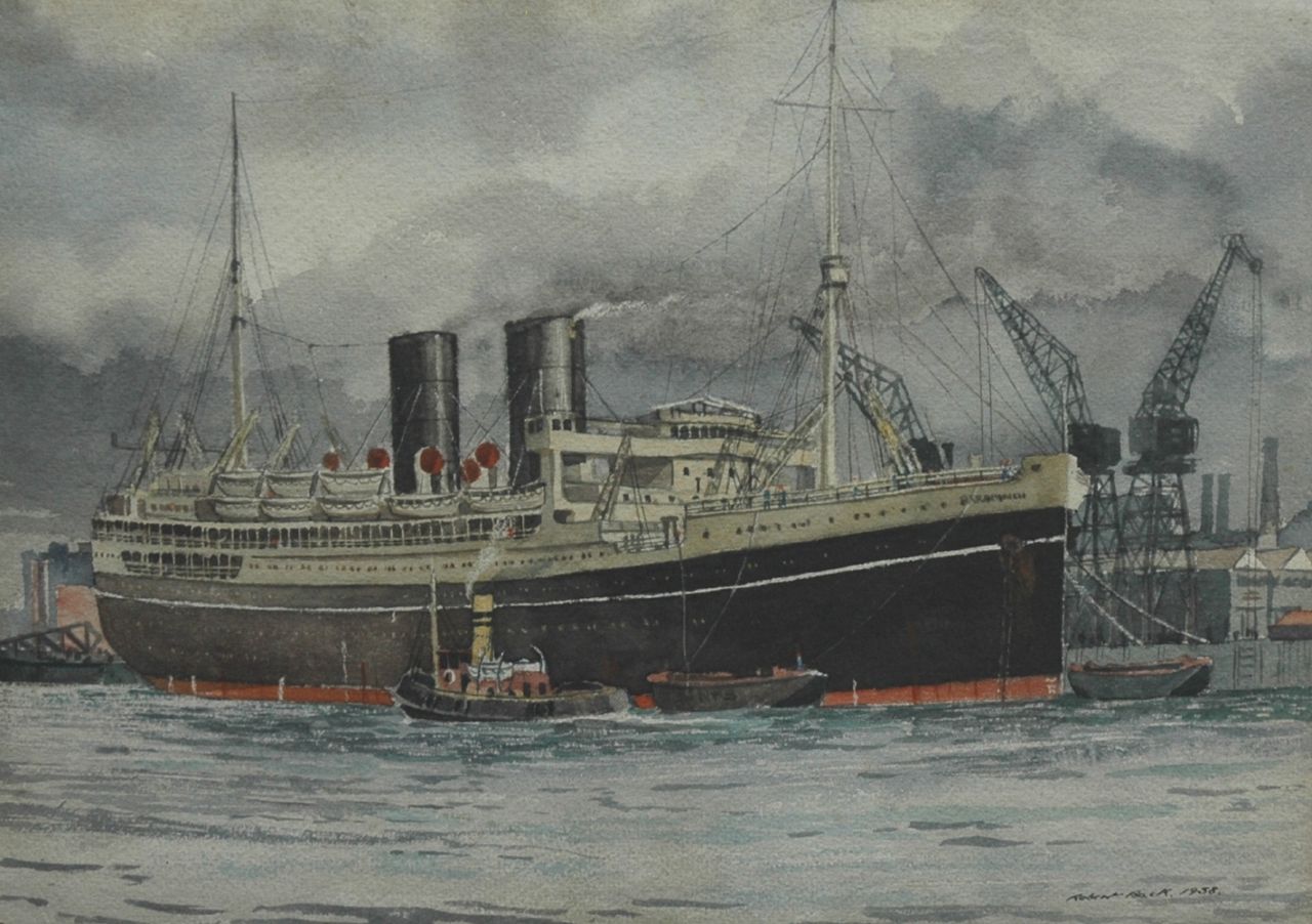 Back R.T.  | Robert Trenaman Back, The steamer Parapindi by a quayside, watercolour on paper 25.5 x 35.6 cm, signed l.r. and verso and dated 1938