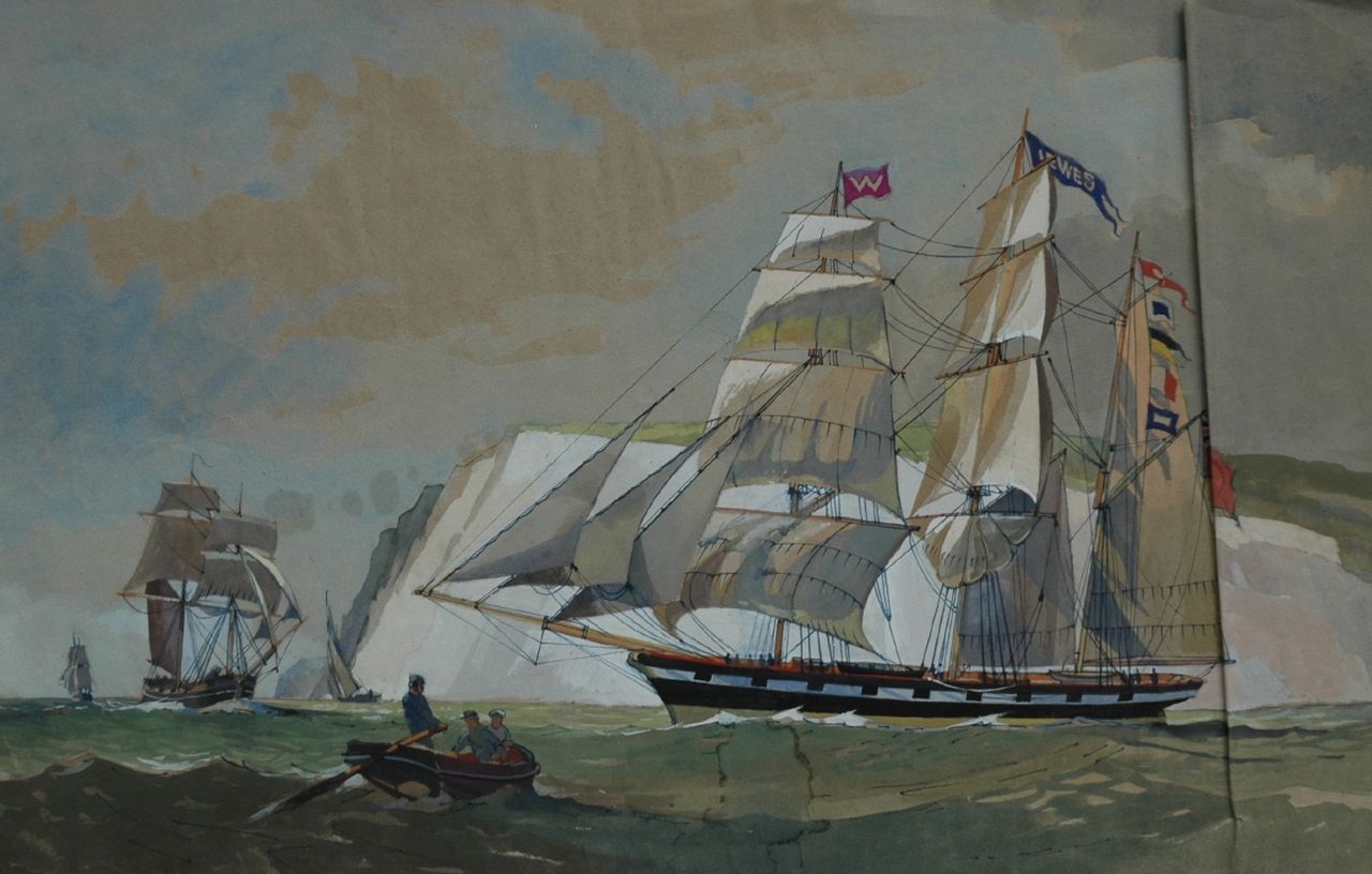 Back R.T.  | Robert Trenaman Back, Sailing boat off the English shore, pen, ink and watercolour on paper 32.0 x 50.6 cm