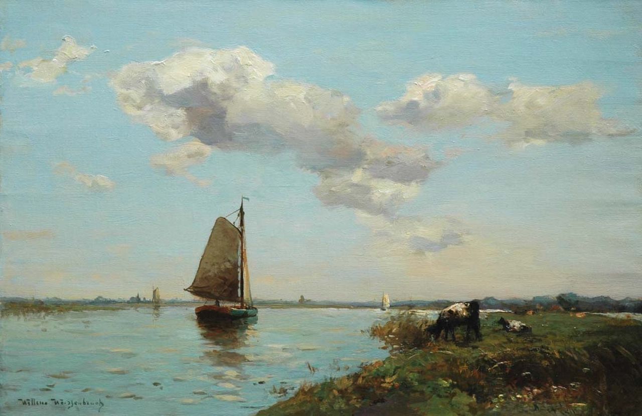 Weissenbruch W.J.  | 'Willem' Johannes Weissenbruch, Shipping in a river landscape, oil on canvas 40.2 x 60.6 cm, signed l.l.