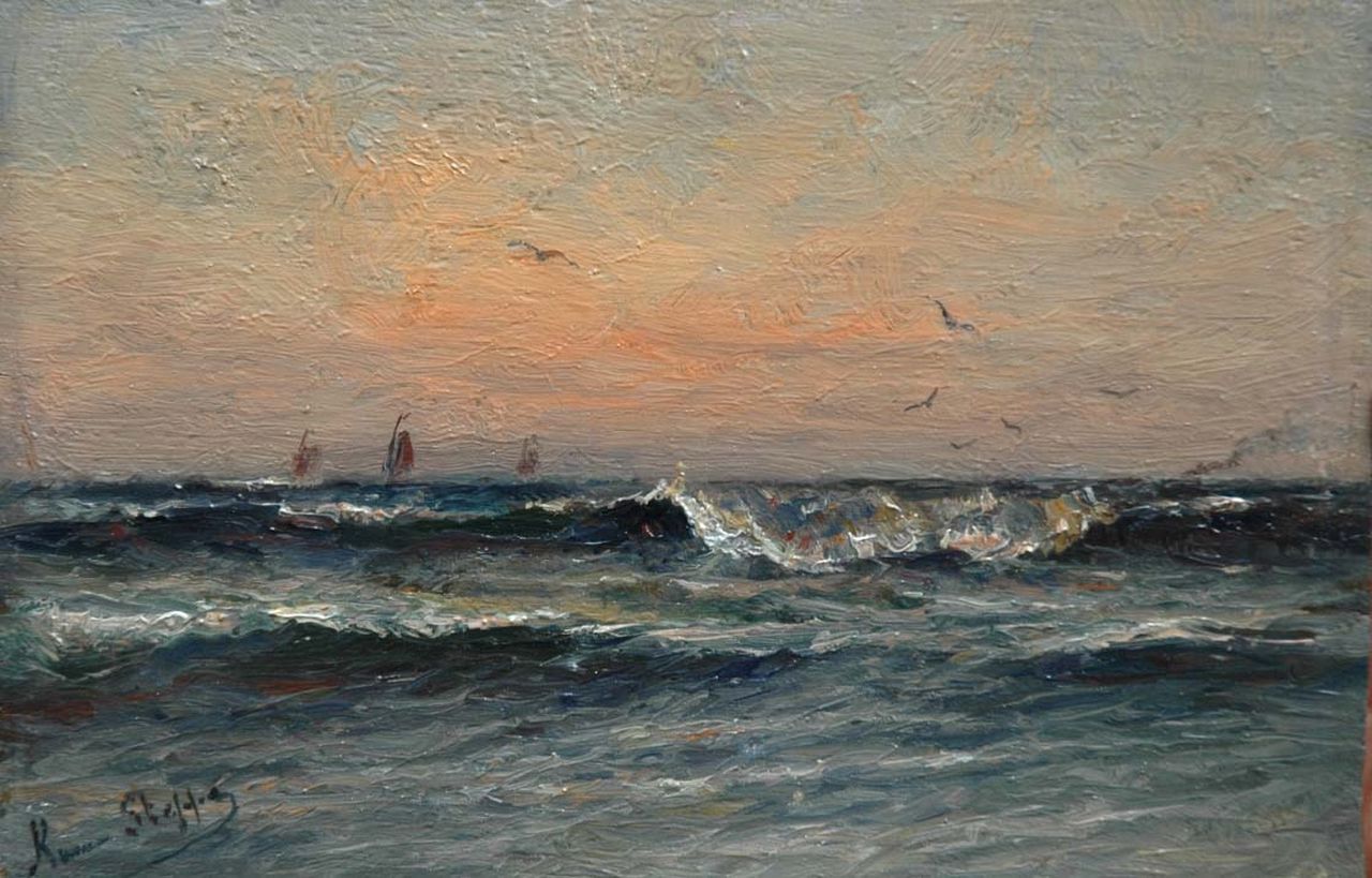 Steppe R.  | Romain Steppe, Sunset over the Flemish coast, oil on panel 15.7 x 24.0 cm, signed l.l.