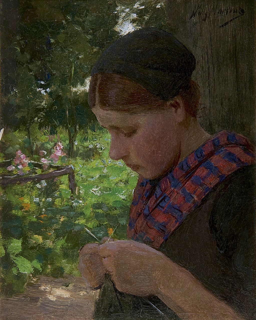Martens W.  | Willem 'Willy' Martens, A girl knitting, oil on panel 22.1 x 17.6 cm, signed u.r.