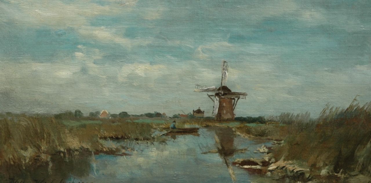 Weissenbruch W.J.  | 'Willem' Johannes Weissenbruch, A windmill in a polder landscape, oil on canvas laid down on panel 16.0 x 30.7 cm, signed l.l. and dated 1900