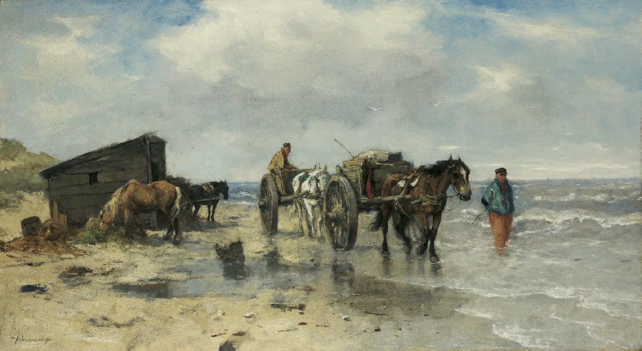 Scherrewitz J.F.C.  | Johan Frederik Cornelis Scherrewitz, Shell-gatherers on the beach, oil on canvas 55.5 x 100.7 cm, signed l.l.