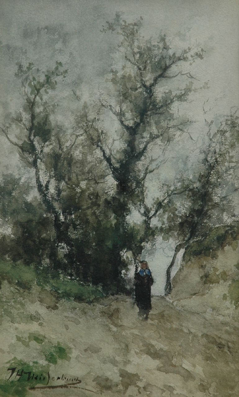 Weissenbruch H.J.  | Hendrik Johannes 'J.H.' Weissenbruch, Wandelaarster in een zandverstuiving, watercolour on paper 38.3 x 23.4 cm, gesigneerd linksonder