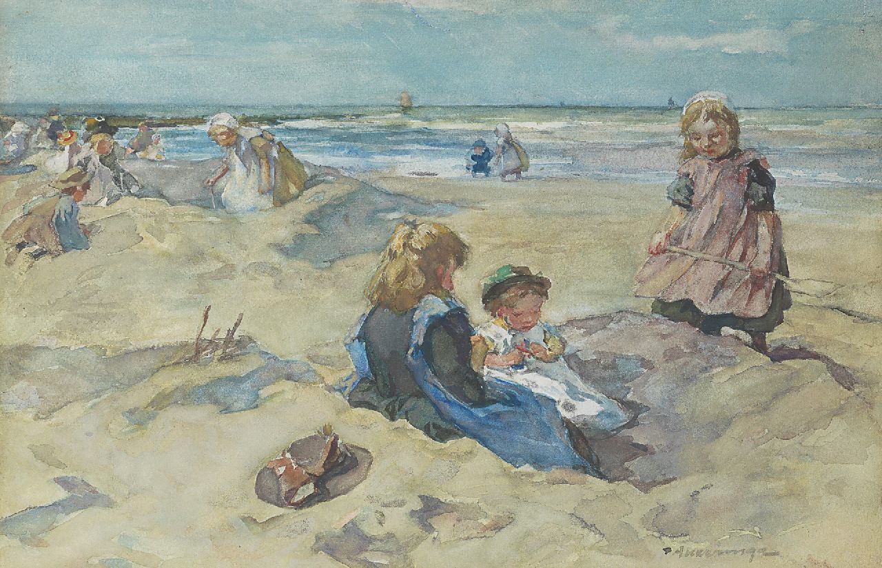 Akkeringa J.E.H.  | 'Johannes Evert' Hendrik Akkeringa, A sunny day at the beach, watercolour on paper 26.7 x 40.7 cm, signed l.r.